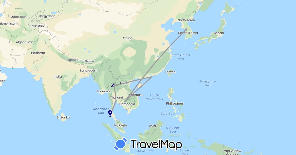 TravelMap itinerary: driving, plane in China, Cambodia, South Korea, Thailand (Asia)